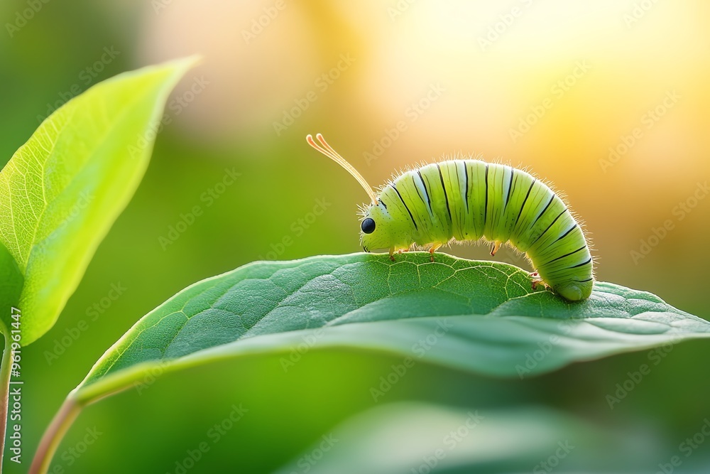 A vibrant green caterpillar resting on a leaf, surrounded by a soft natural light, representing growth and transformation in nature. A vibrant green caterpillar resting on a leaf, surrounded by a soft natural light, representing growth and transformation in nature.