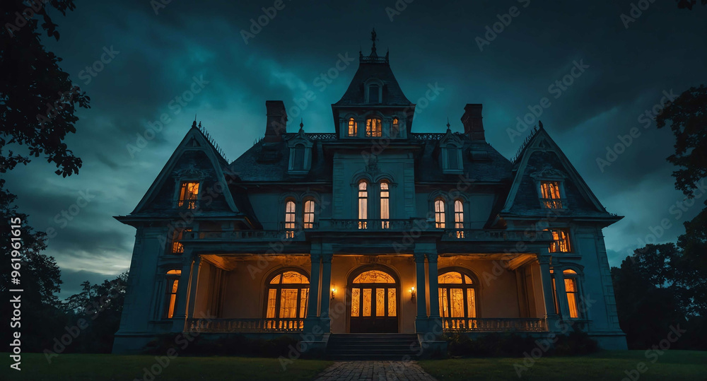 Eerie mansion with glowing windows background Eerie mansion with glowing windows background