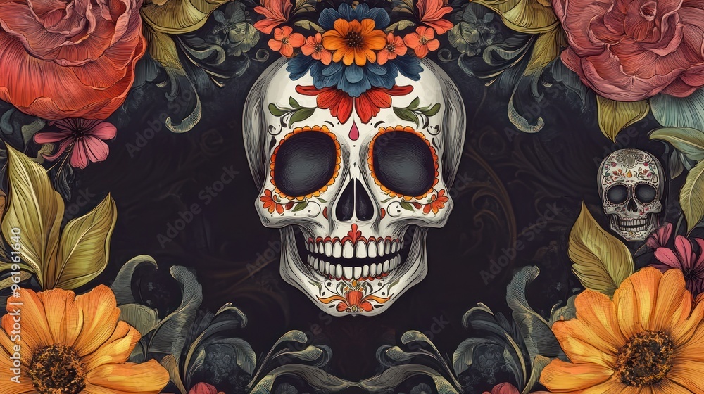 Decorated skull and vibrant flowers on dark background Decorated skull and vibrant flowers on dark background