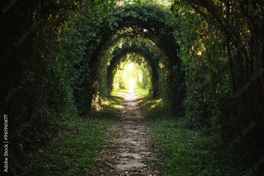 Obraz premium Vegetation covered pathway with light at end