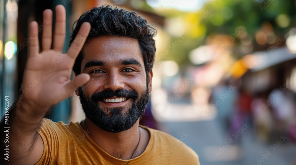 Obraz premium Candid Moment on the Street: A Smiling Man Waves Goodbye