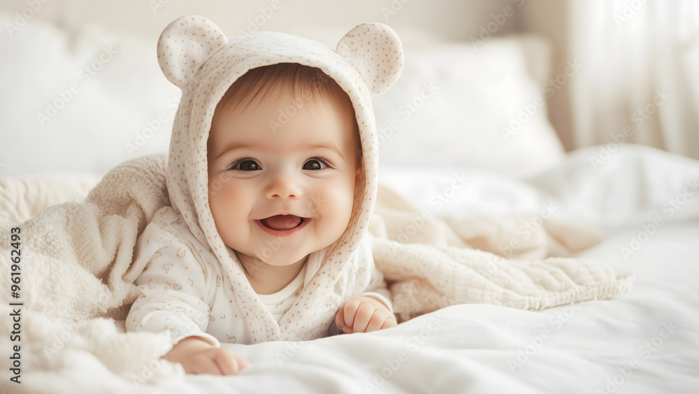 happy baby wearing hooded jumpsuit sitting in soft comfortable bed happy baby wearing hooded jumpsuit sitting in soft comfortable bed