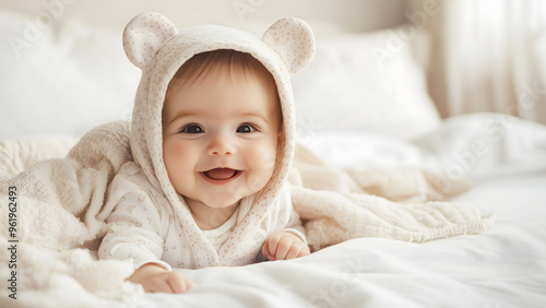 happy baby wearing hooded jumpsuit sitting in soft comfortable bed