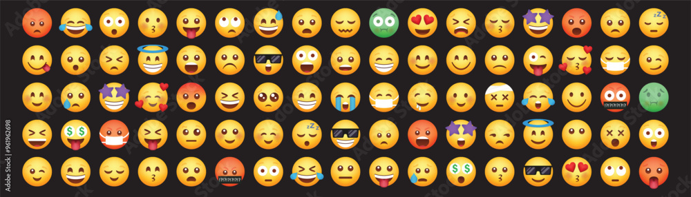 Set of yellow emoji and emoticon faces in vector graphic format on a transparent background. This collection represents a variety of emotions and expressions, perfect for digital designs. Set of yellow emoji and emoticon faces in vector graphic format on a transparent background. This collection represents a variety of emotions and expressions, perfect for digital designs.