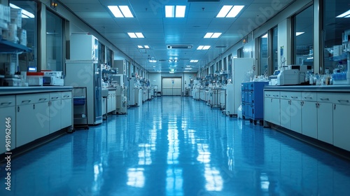 Empty Laboratory Corridor with Blue Floor