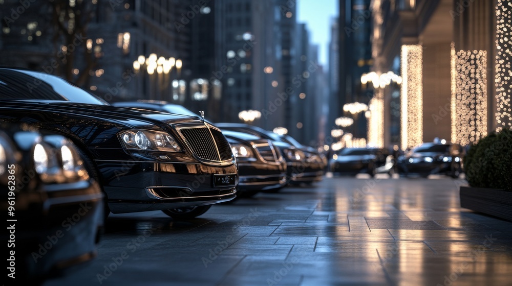 Fototapeta premium Black Luxury Cars Parked on City Street at Night.