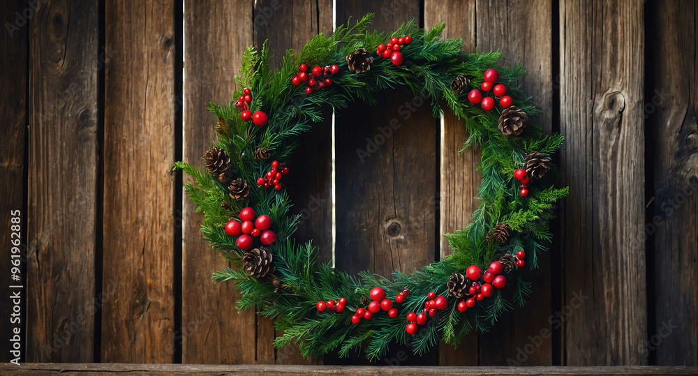 Festive wreath on old wooden barn background Festive wreath on old wooden barn background