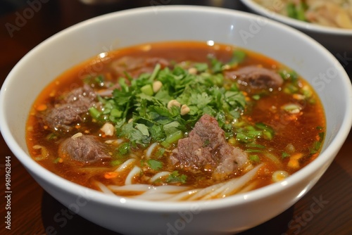 Vietnamese spicy noodle soup with beef and pork