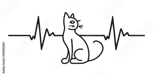 Minimalist cat silhouette with heartbeat EKG line in black and white for veterinary healthcare design