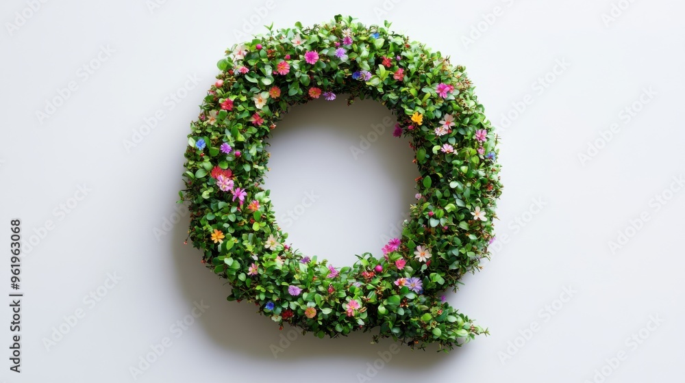 Illustration is an English letter, green bushes with pastel colored flowers on a white background. Cute style used in media design. It is a graphic image to help in design. Illustration is an English letter, green bushes with pastel colored flowers on a white background. Cute style used in media design. It is a graphic image to help in design.