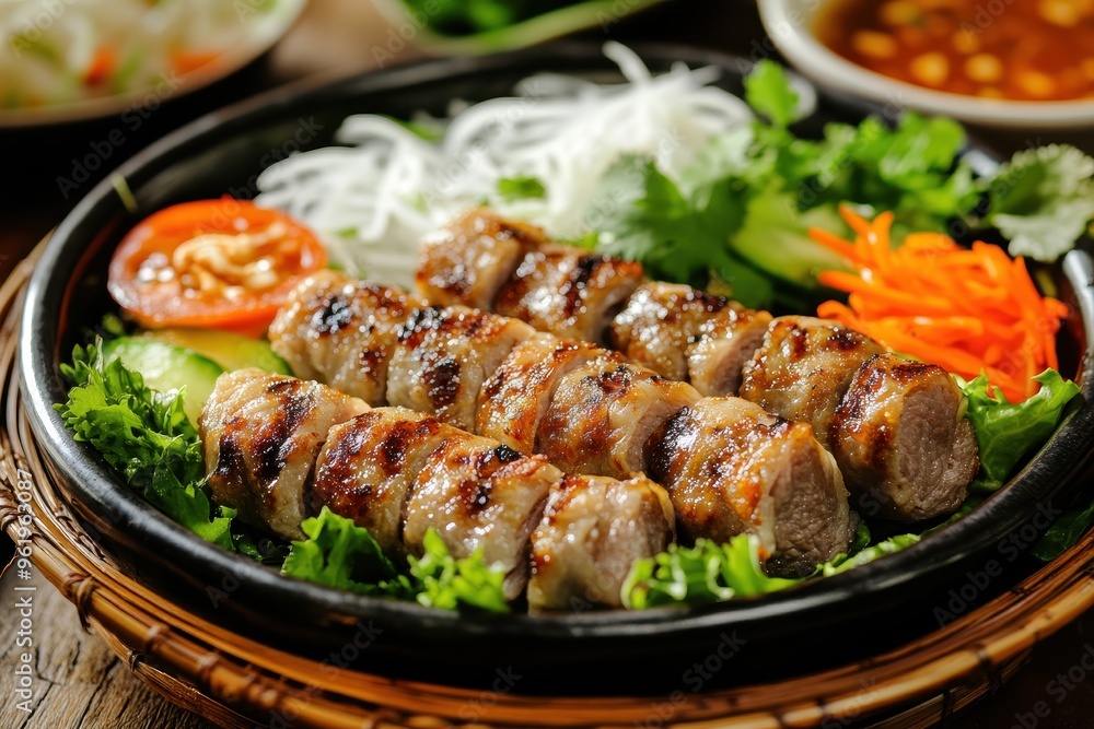 Vietnamese spring rolls with grilled pork and vegetables served with sauce Vietnamese spring rolls with grilled pork and vegetables served with sauce