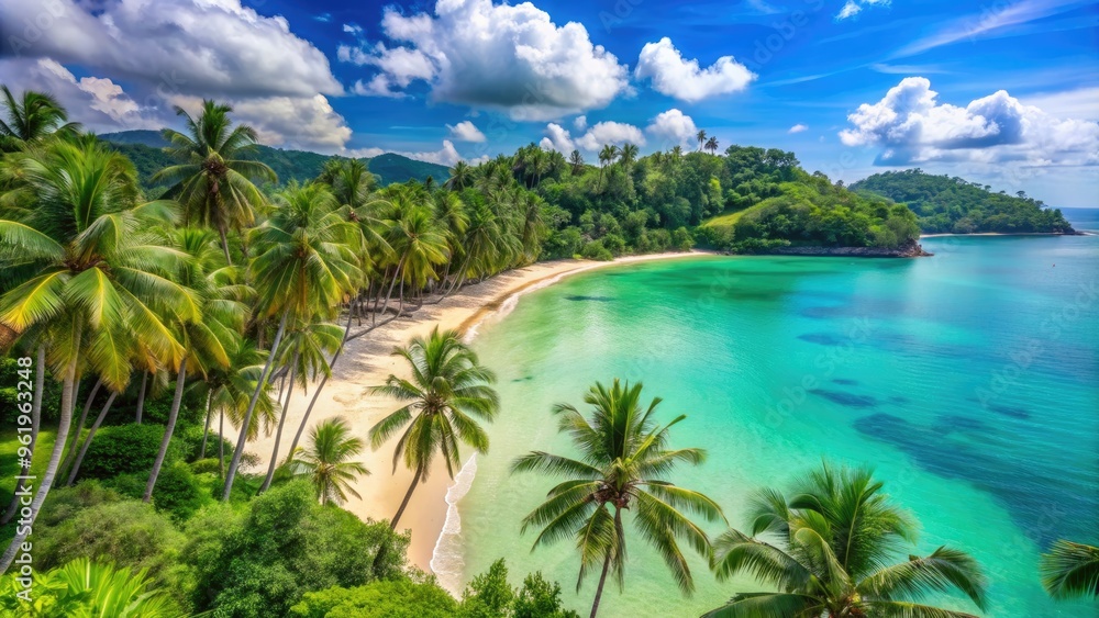Tranquil view of Surin Beach with turquoise waters and palm trees, Thailand, Phuket, Surin Beach, ocean, tropical Tranquil view of Surin Beach with turquoise waters and palm trees, Thailand, Phuket, Surin Beach, ocean, tropical
