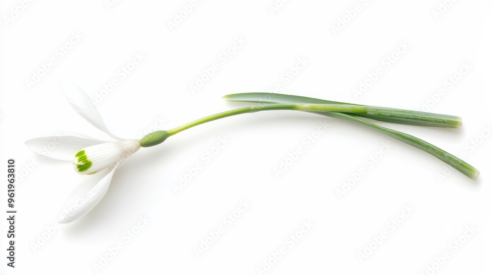 Fototapeta premium Single Snowdrop Flower with Stem on White Background.