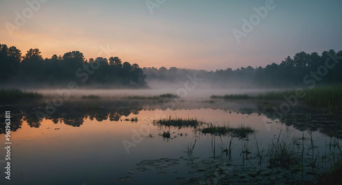 Fog rising from eerie pond at dusk background