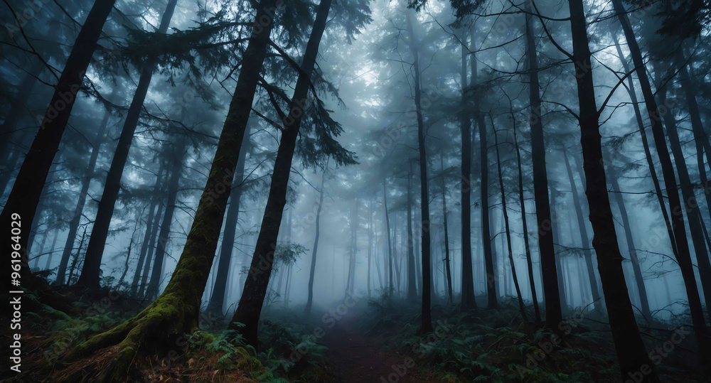 Fototapeta premium Foggy forest eerie silence abstract background