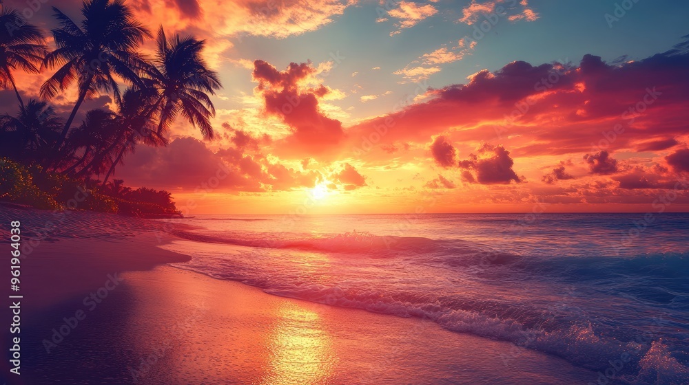Breathtaking sunset over a tropical beach, featuring palm trees, ocean waves, and a vibrant, colorful sky, perfect for travel and vacation Breathtaking sunset over a tropical beach, featuring palm trees, ocean waves, and a vibrant, colorful sky, perfect for travel and vacation