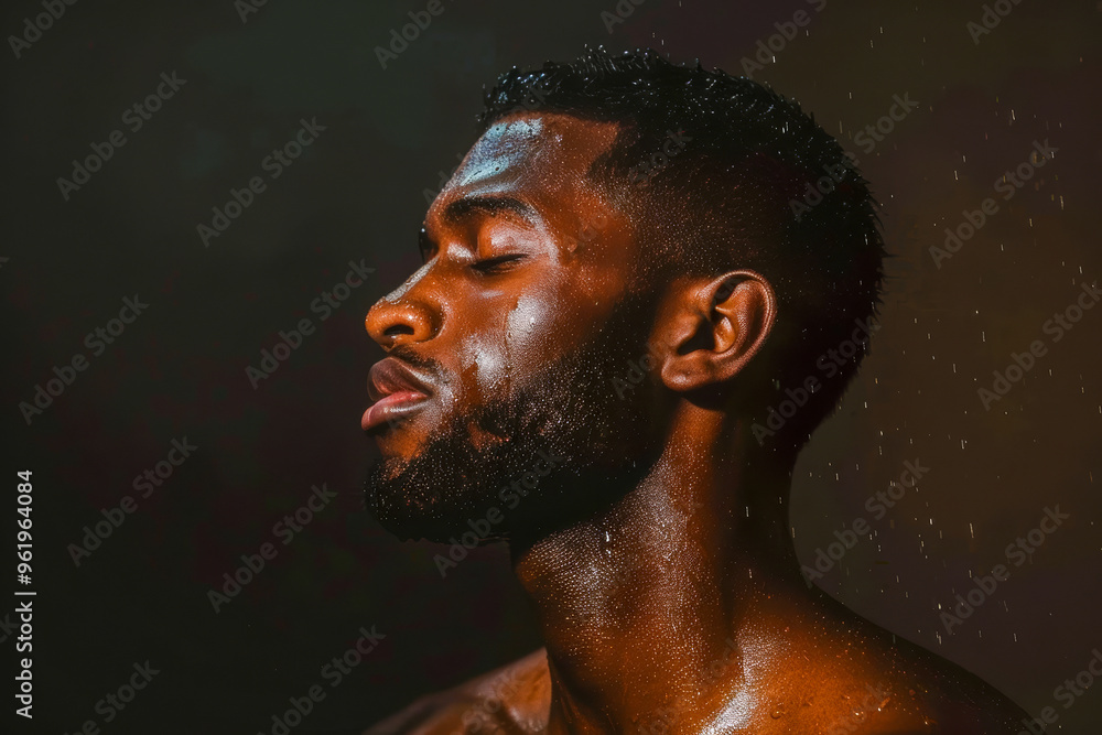 Serene portrait of man with water droplets in dramatic lighting Serene portrait of man with water droplets in dramatic lighting