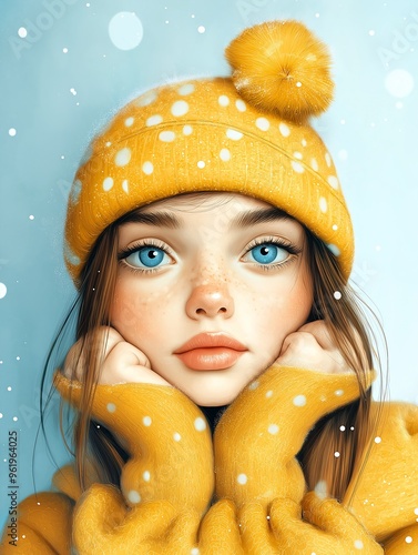 girl blue eyes wearing yellow hat sweater winner snowflakes perfect lips next door innocent look hollow cheeks covered snow portrait illustration children photo