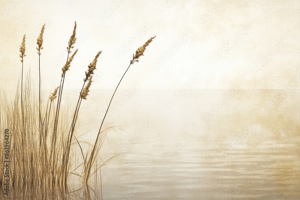 Obraz premium Dried Grass Stalks Reflected in Still Water on a Vintage Background