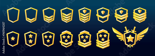 Military game rank badges with stars, chevrons, wings. Illustration of silver metal pentagonal medals with pentagonal insignia. Gui progress symbol. Achievement award.