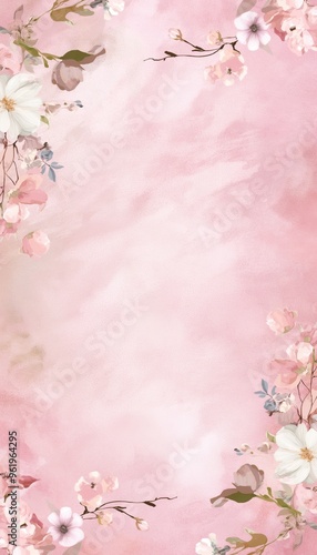 a watercolor background, with floral frame, dusty rose hues, small pink and white flowers