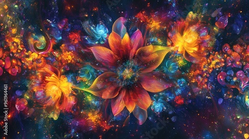 Kaleidoscopic backdrop with vibrant, alien-like flowers blooming, sending out energetic tendrils of red, blue, yellow, purple, and green light