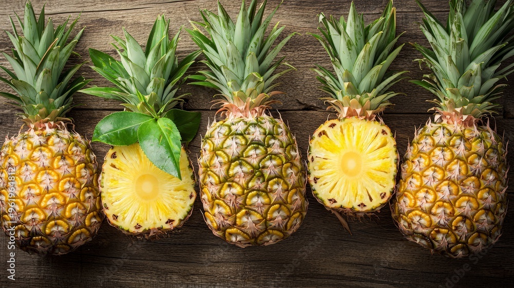 Five Ripe Pineapples on Wooden Background Five Ripe Pineapples on Wooden Background