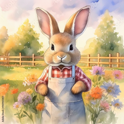 Rabbit in apron with flowers. Watercolor painting on canvas photo