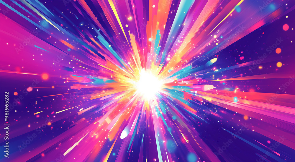 Naklejka premium Vibrant Exploding Radial Burst with Glitter and Light Beams - Abstract Digital Background