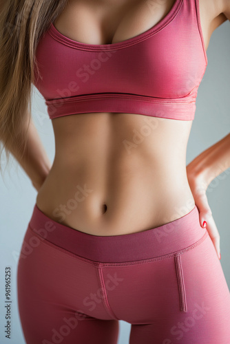 Close-up of a toned female body in shorts and a sports shirt, revealing her beautiful abs and muscles. Fitness and healthy lifestyle concept