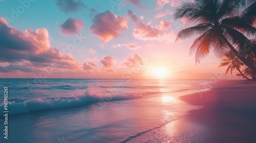 Stunning tropical beach at sunset with vibrant hues in the sky, palm trees, and waves crashing gently, ideal for travel and summer vibes