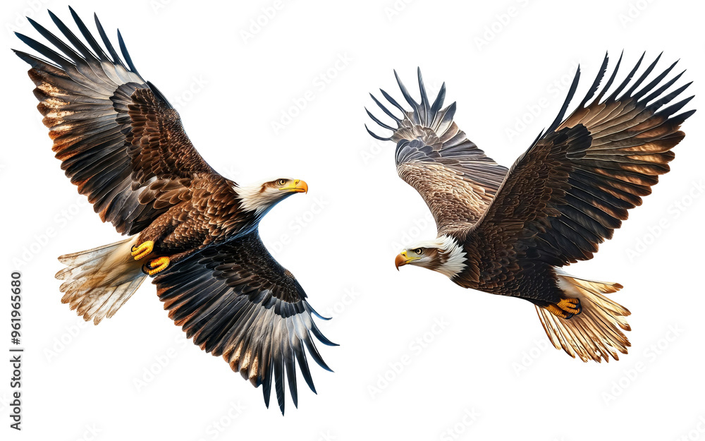 Two majestic eagles soar gracefully through the sky, showcasing their powerful wings and striking features in a stunning display. Two majestic eagles soar gracefully through the sky, showcasing their powerful wings and striking features in a stunning display.
