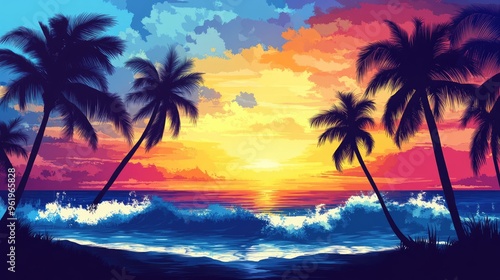 Tropical beach sunset with palm trees silhouetted against vibrant colors in the sky, ocean waves gently crashing, ideal for vacation themes