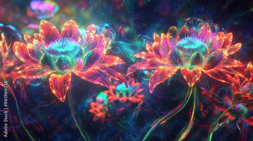 Fototapeta premium Vibrant alien flowers with luminescent red, blue, and green tendrils of light against a kaleidoscopic backdrop, creating otherworldly energy
