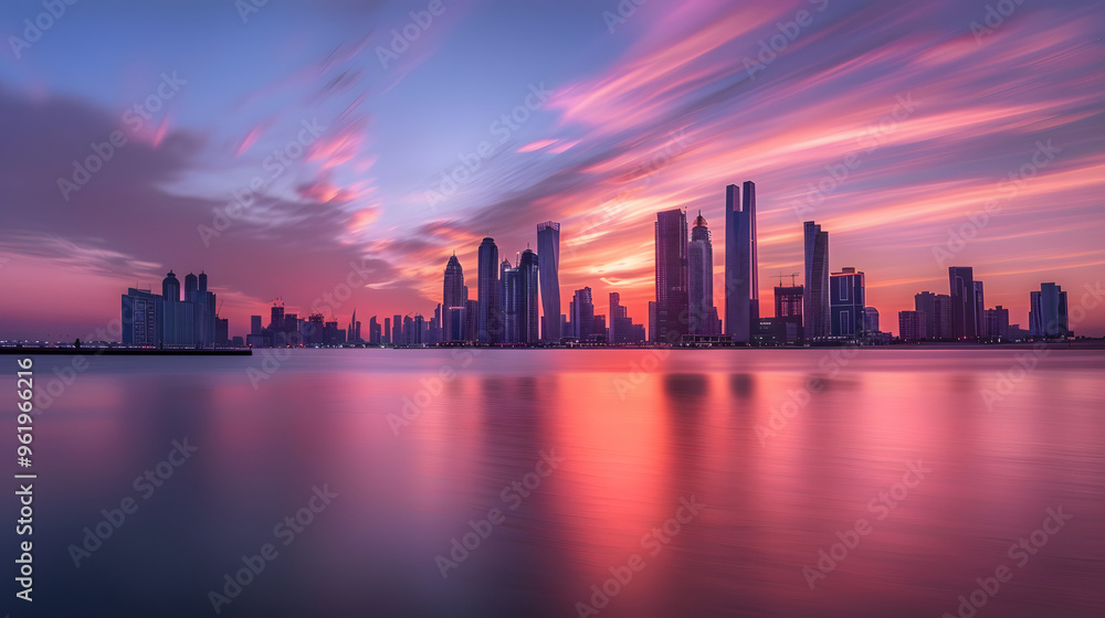 Stunning view of cityscape skyline with warm Pastel Sunset colors, longexposure, modern urban background Stunning view of cityscape skyline with warm Pastel Sunset colors, longexposure, modern urban background