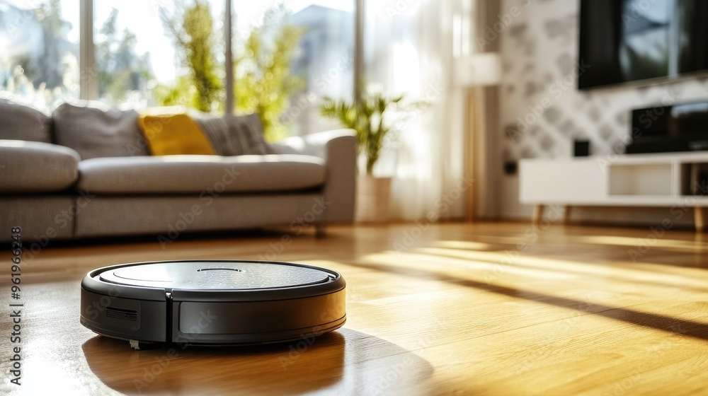 Robot vacuum cleaner working efficiently on a living room floor, demonstrating smart cleaning technology with plenty of space for copy Robot vacuum cleaner working efficiently on a living room floor, demonstrating smart cleaning technology with plenty of space for copy