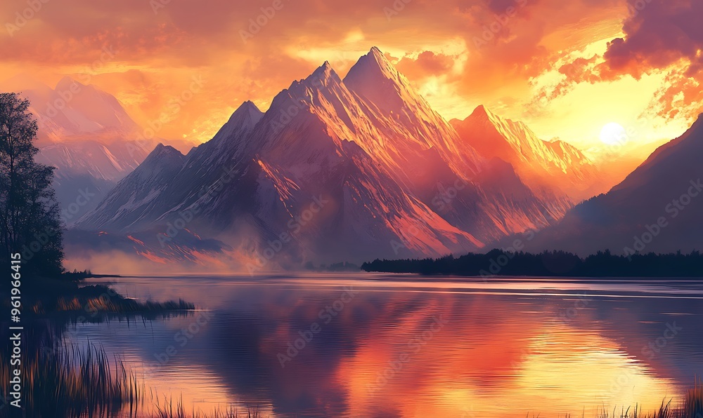 Majestic Mountain Range Reflecting in Still Lake at Sunset Majestic Mountain Range Reflecting in Still Lake at Sunset