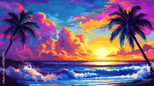 Vibrant tropical sunset with palm trees and ocean waves, set against a dynamic sky full of color, ideal for summer and vacation themes photo