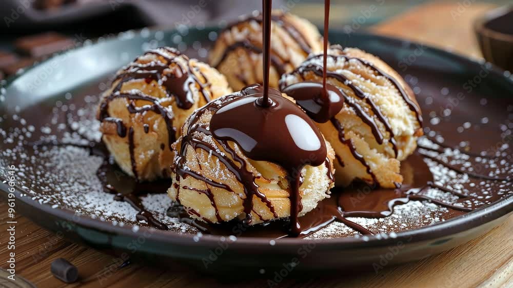 Delicious fried ice cream with chocolate drizzle served at a local dessert shop Delicious fried ice cream with chocolate drizzle served at a local dessert shop