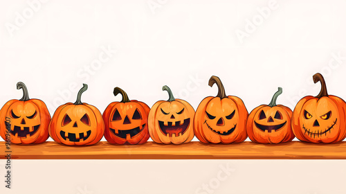 A variety of Jack-o'-lanterns with different expressions placed on a table 1