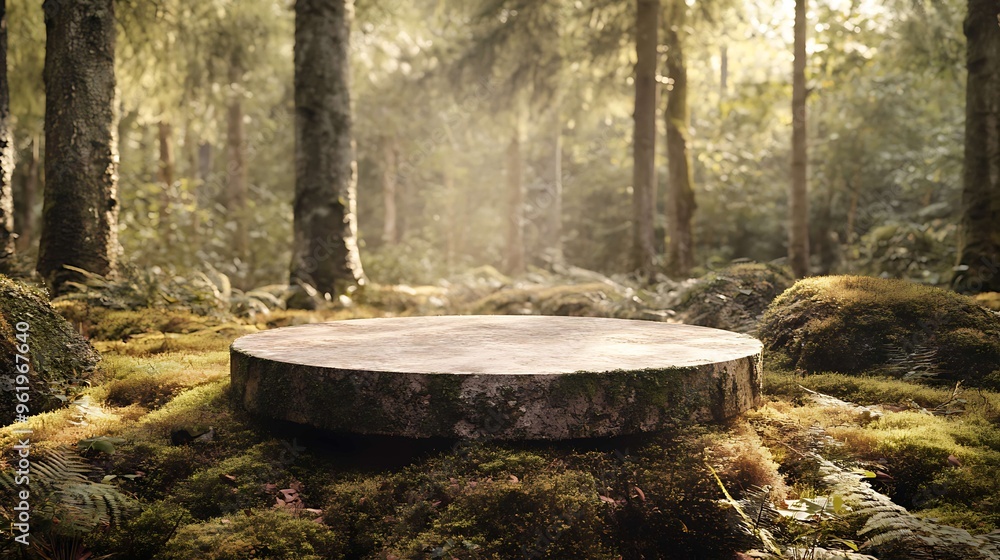 Empty round podium in the forest at sunrise. Empty round podium in the forest at sunrise.