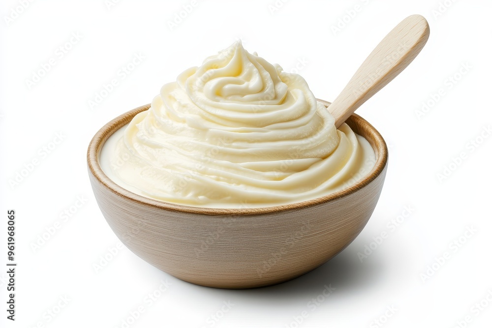 White background with clipping path of sour cream mayonnaise and yogurt in bowl with spoon White background with clipping path of sour cream mayonnaise and yogurt in bowl with spoon
