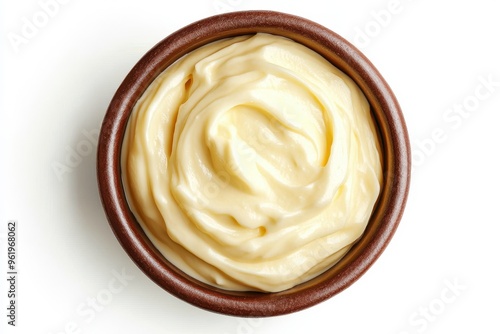 White background top view of mayonnaise in round dish