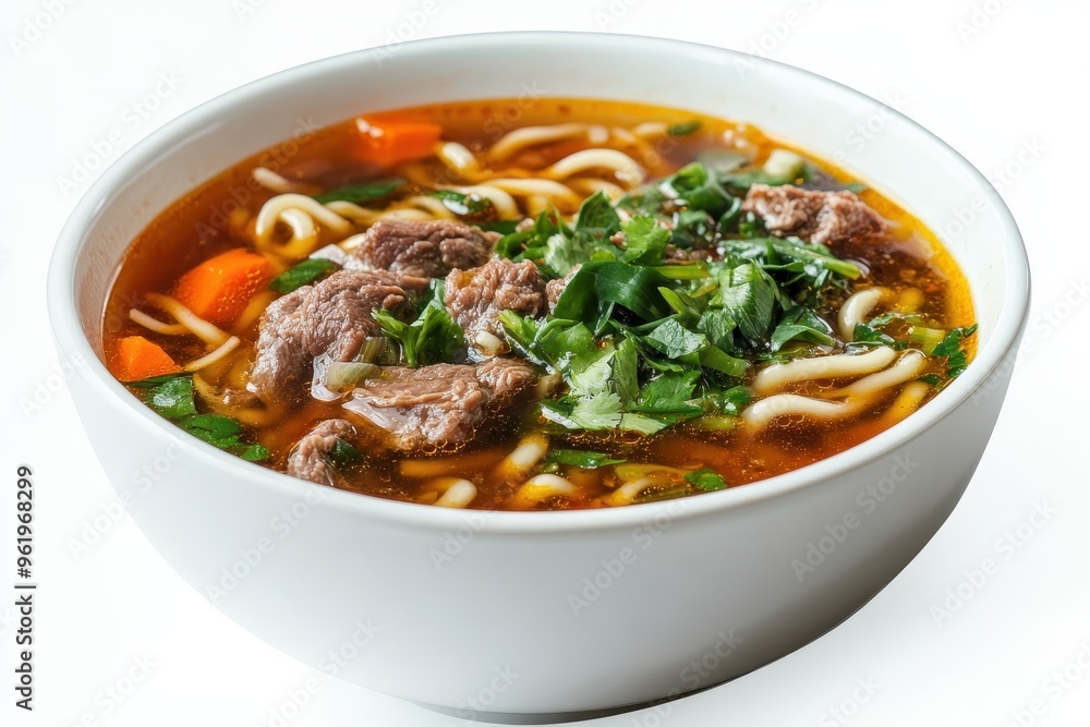 White bowl with beef noodle soup White bowl with beef noodle soup