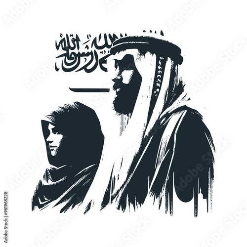 The arabic bedouin male and female with Saudi Arabia Flag. National day illustration. Vector.
