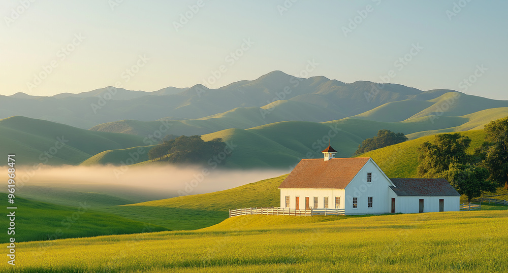 landscape with church in mountains