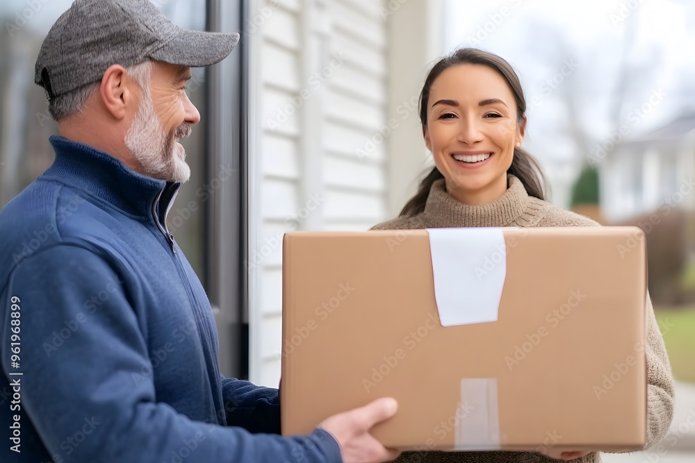 Smiling Female Customer Accepting Parcel Shipment from Male Delivery Person at Residential House Entrance Commercial Photo Showing Supply Chain and Transportation Service Smiling Female Customer Accepting Parcel Shipment from Male Delivery Person at Residential House Entrance Commercial Photo Showing Supply Chain and Transportation Service