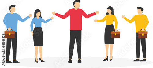 Partner separating two business team. Conflict and argument between colleagues, difference opinion, disagree, confrontation. Flat vector illustration
