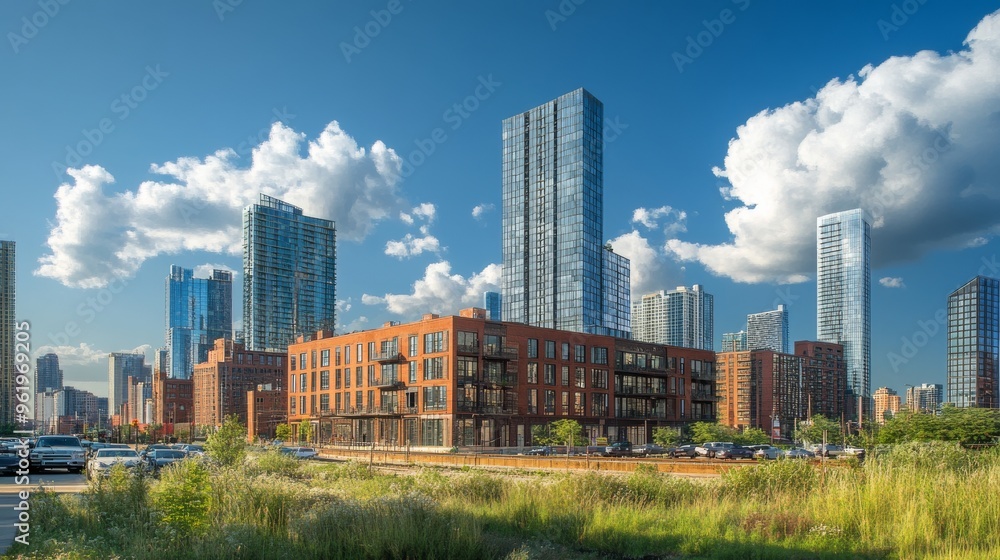 Fototapeta premium Modern Cityscape with Brick Building and Lush Greenery.