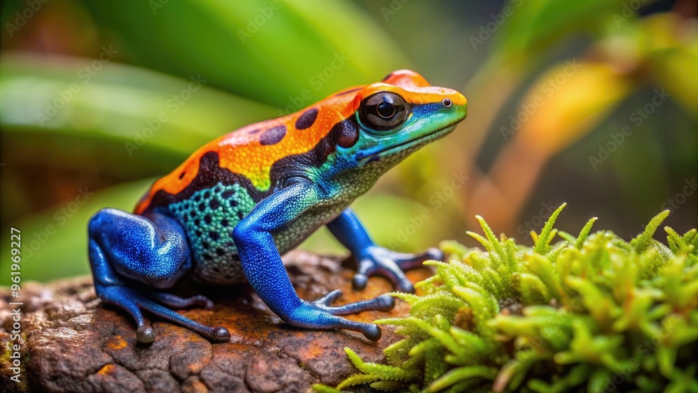 Vibrant and colorful poison dart frog in natural habitat, amphibian, rainforest, tropical, toxicity, bright, poisonous, wildlife Vibrant and colorful poison dart frog in natural habitat, amphibian, rainforest, tropical, toxicity, bright, poisonous, wildlife